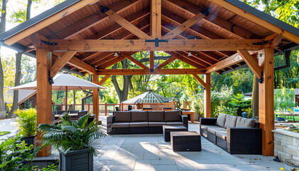 Fototapeta premium wood pavilion with gabled roof, outdoor seating and couches under gazebo