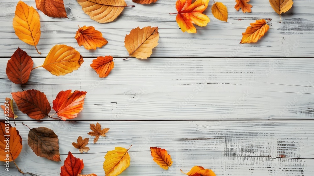 Sticker autumn leaves flat lay on light grey wooden background with text space