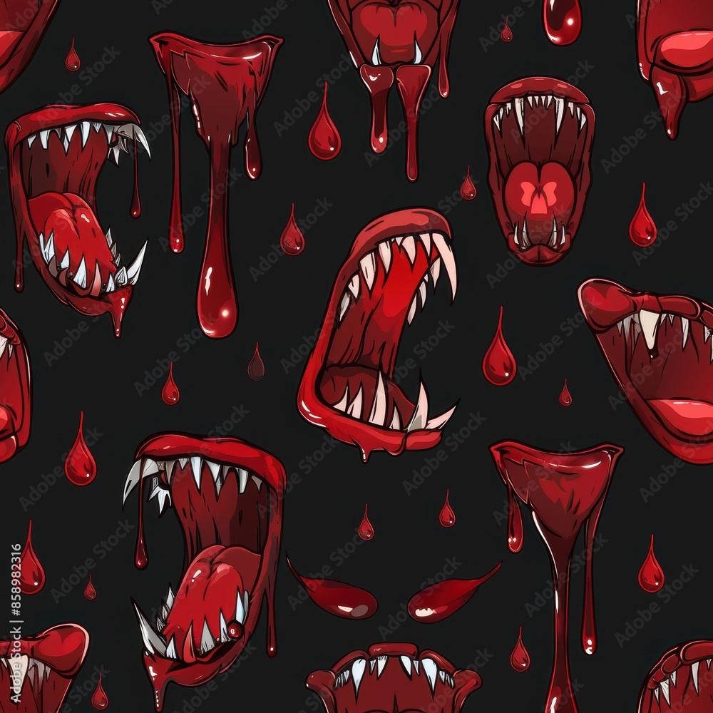 Poster A digital illustration featuring a seamless pattern of open mouths with sharp teeth and dripping blood on a black background. The illustration is done in a cartoon style and features a repeated patter