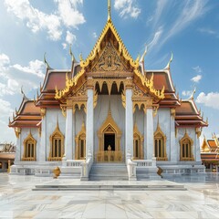 Obraz premium Big Buddha (Wat Paknam) at sunset. Chao Phraya river canal cruise. Tourists traveling by traditional boats. Thailand's most important travel destinations. Bangkok, Thailand. Generative AI