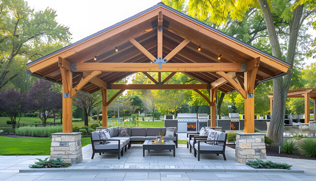 wood pavilion with gabled roof, outdoor seating and couches under gazebo