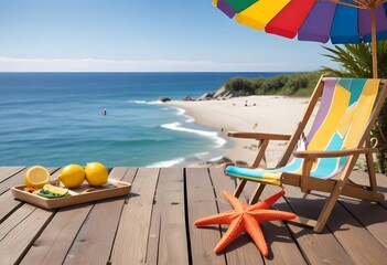Beach with umbrella and surfboard on wooden deck.