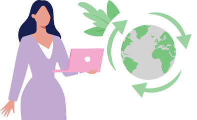 A girl is working at global environment on laptop