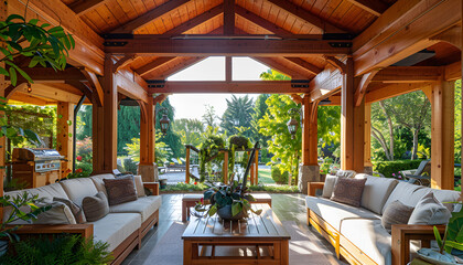 Fototapeta premium wood pavilion with gabled roof, outdoor seating and couches under gazebo