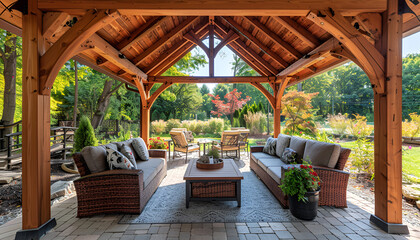 Fototapeta premium wood pavilion with gabled roof, outdoor seating and couches under gazebo