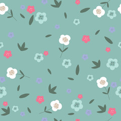 Cute flowers pattern on turquoise background. Seamless pattern with flowers.	
