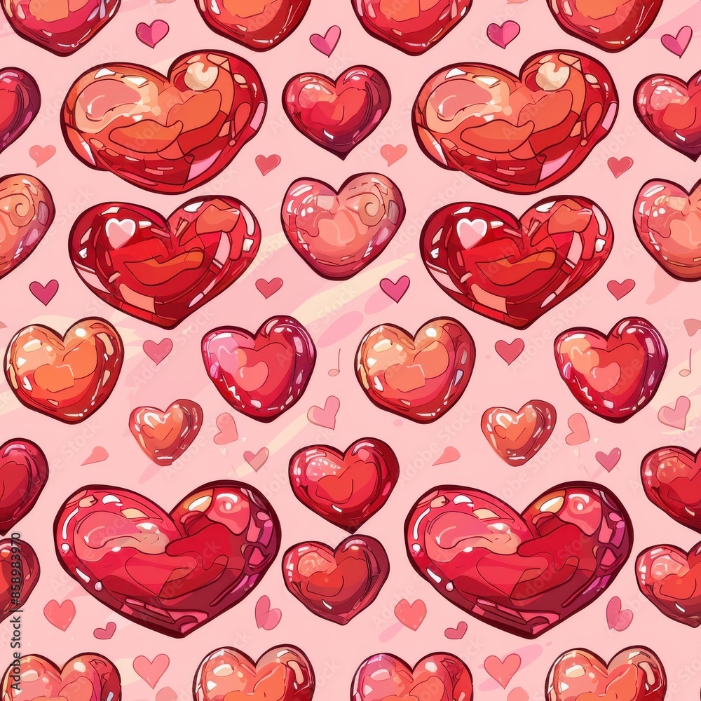 Poster A seamless pattern featuring multiple red hearts in different sizes and textures against a pink background with small, light pink hearts and music notes scattered across the surface. The hearts are dr