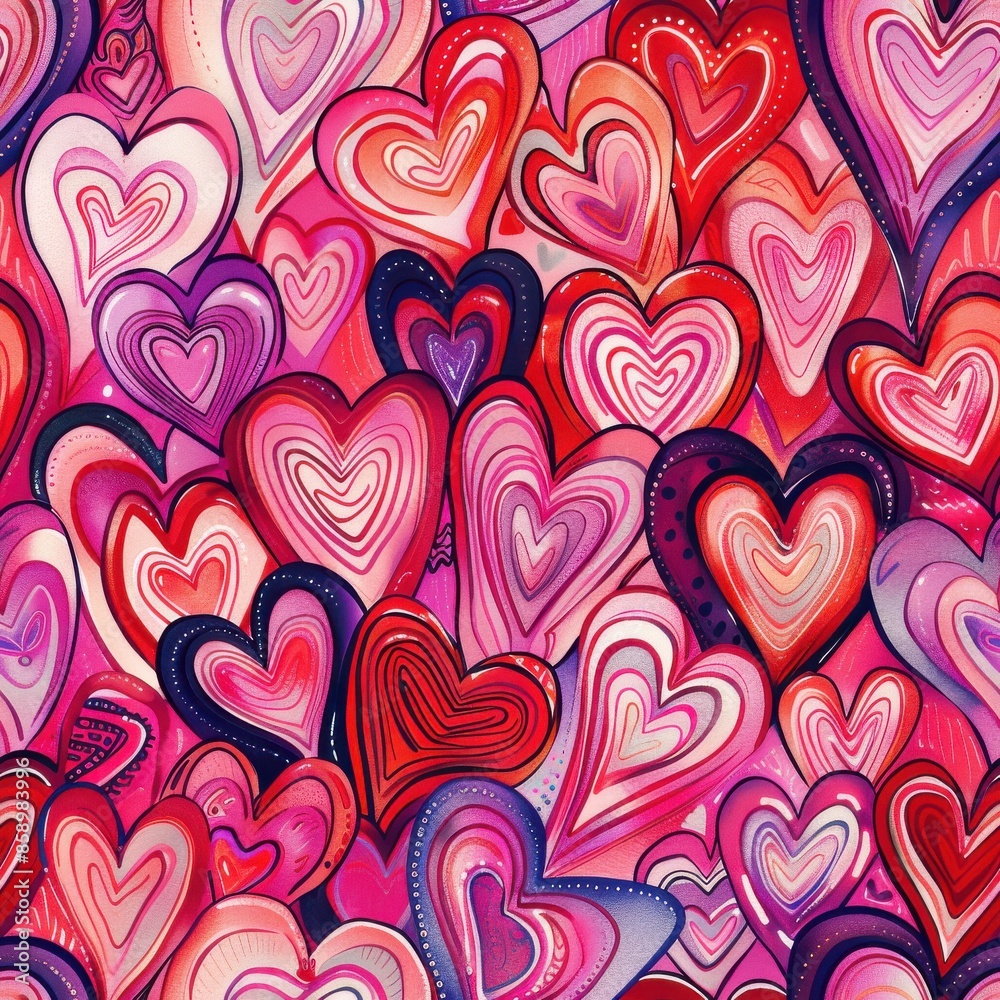 Aufkleber This is a digital illustration of a repeating pattern featuring many overlapping hearts in different shades of pink and red. The hearts are drawn in a watercolor style and have a swirly, abstract look