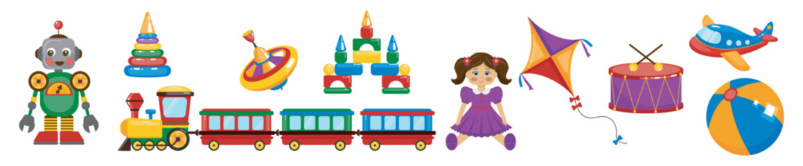 Children vector set of colorful toys. Robot, pyramid, toy train, whirligig, construction set, cubes, drum and doll. Baby toys on white background.