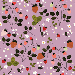Seamless pattern with many different strawberries, leaves and flowers on violet background. Vector illustration.	
