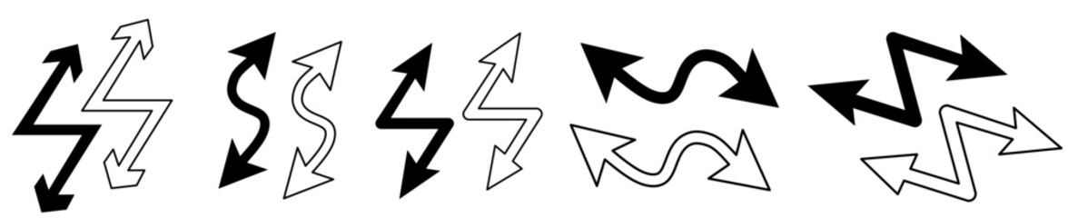 Black double arrow with loop in different directions. Alternate Route line and filled Symbols. Contour image on white. Line circular design for any purposes
