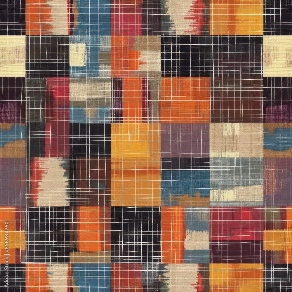 Fototapete This image features a digitally created abstract pattern made up of colorful patchwork squares. The squares are arranged in a grid pattern and are overlaid with white and black grid lines that create 