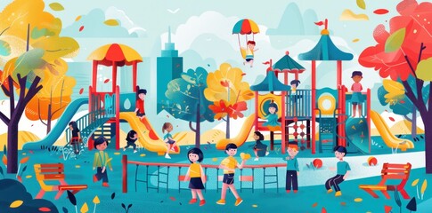 Naklejka premium Children Playing at a Colorful Playground in Autumn