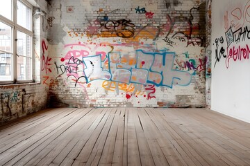 Backdrop of a wall in an abandoned house with graffiti graphics and broken floorboards.