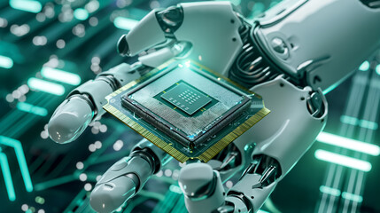Fototapeta premium 3D rendering. Closeup. Robot's hand holding CPU of sci-fi background. CPU. Artificial intelligence on circuit board. Production technology