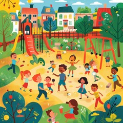 Naklejka premium Children Playing in a Vibrant Playground