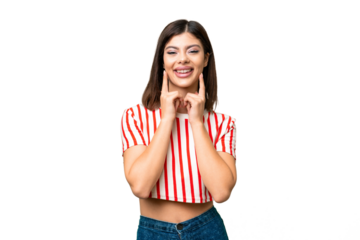 Young Russian woman over isolated chroma key background smiling with a happy and pleasant expression