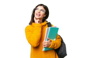 Young student woman over isolated chroma key background thinking an idea while looking up