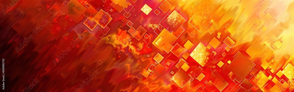 Fototapete This abstract background features a mix of orange and red squares and shapes, creating a digital and artistic aesthetic. The squares are layered and translucent, suggesting a depth and dimension to th