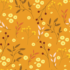 Fototapeta premium Floral pattern with flowers, leaves, on yellow background. Vector illustration. 