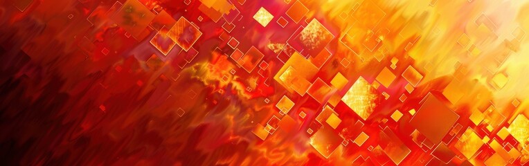 This abstract background features a mix of orange and red squares and shapes, creating a digital and artistic aesthetic. The squares are layered and translucent, suggesting a depth and dimension to th