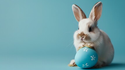 Fototapeta premium Easter bunny rabbit with blue painted egg on blue background. Easter holiday concept. 