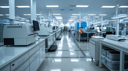 Obraz premium Science lab in a lab set analyzes medical samples using high tech equipment in a bright lab.