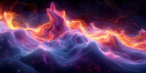 The space is filled with vibrant cosmic energy waves, swirling in a vivid and stunning display