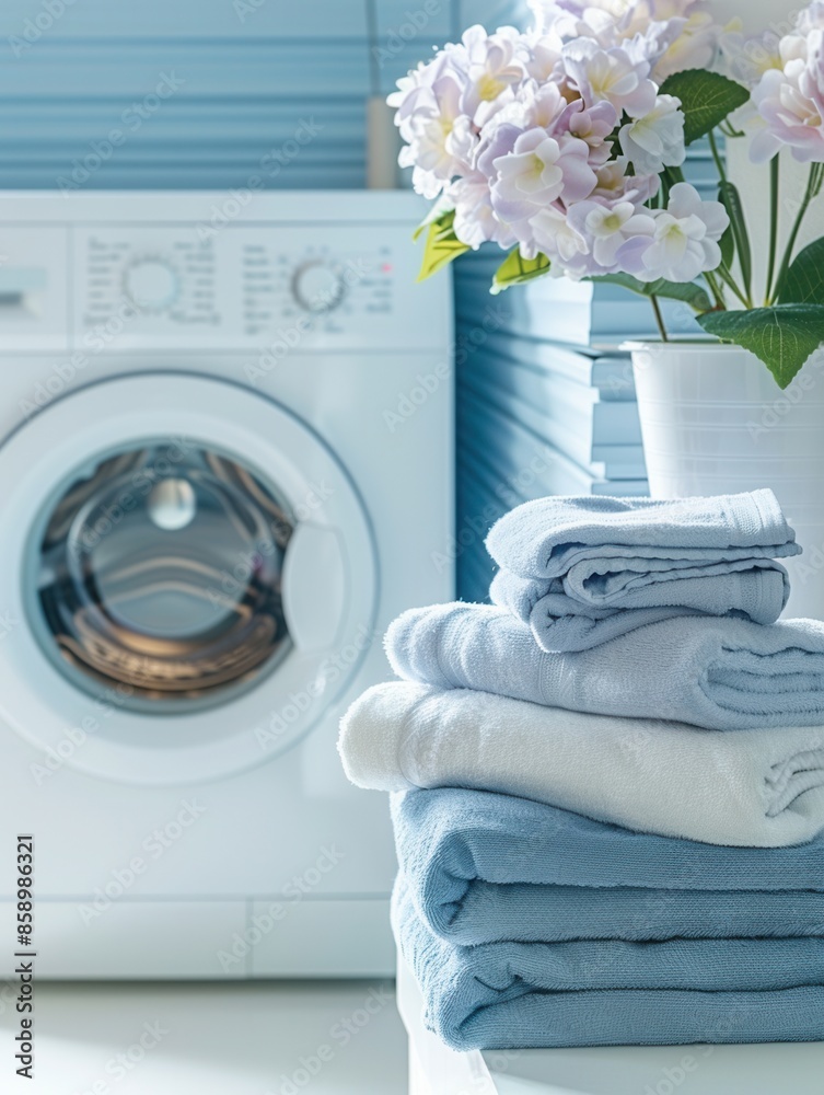 Poster a stack of neatly folded, clean laundry sits next to a white washing machine in a modern bathroom. g