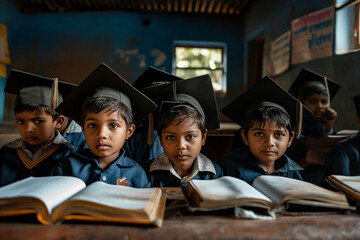 Obraz premium Indian village student looking at camera sitting in classroom studying Have a pen and notebook to write the test. primary school Educational concept