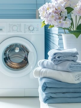 A stack of neatly folded, clean laundry sits next to a white washing machine in a modern bathroom. Generative AI