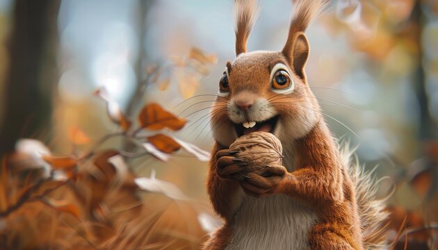 Cute Squirrel Eating Nut in the Forest