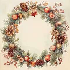 Fototapeta premium This watercolor illustration depicts a circular evergreen wreath decorated with pinecones, apples, and other seasonal elements. The wreath is drawn in a realistic style with delicate details and warm 