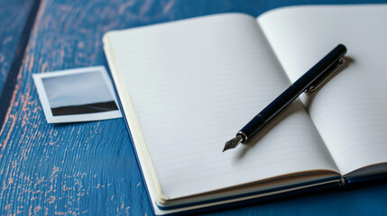 Top view and copy space Notebook to take notes The flesh has green leaves. With a blue background pen