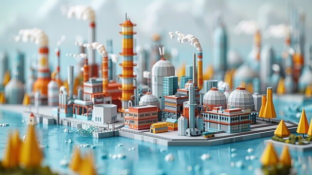 Stunning papercraft scene depicting an industrial cityscape with refineries, factories, and skyscrapers. Illustration, Minimalism,