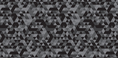 	
Abstract geometric black and gray background seamless mosaic and low polygon triangle texture wallpaper. Triangle shape retro wall grid pattern geometric ornament tile vector square element.