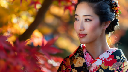 紅葉の中に立つ着物姿の若い日本人女性