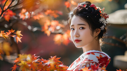 紅葉の中に立つ着物姿の若い日本人女性