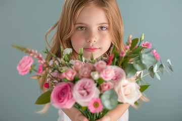 Fototapeta premium Cheerful little girl holding a lovely bouquet of flowers.