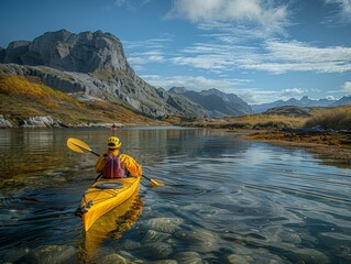 Ultra HDR photograph of a Korean woman in a kayak, paddling through the clear waters of a Nordic fjord, Korean travel, aquatic adventure.