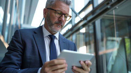Fototapeta premium An older man in a suit and glasses, engrossed in reading a tablet in a modern office with glass walls and natural light illuminating the space.