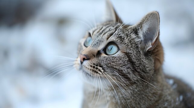 close up of a pixiebob cat looking away from camera, blurred snowy background
