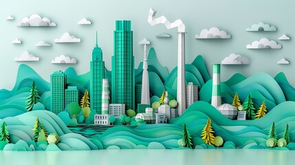 Exquisite paper craft illustration of a modern cityscape with towering skyscrapers and industrial plants. Illustration, Minimalism,
