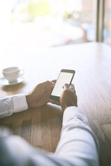 Hands, business and person with smartphone, typing and internet for about us page, company website and research. Closeup, agent and consultant with cellphone, app and social media with online reading