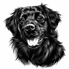 A black and white drawing of a golden retriever dog