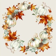 Fototapeta premium This image is a watercolor painting of a wreath made from fall leaves, pumpkins, and acorns. The wreath is arranged in a circular pattern, with the pumpkins and leaves alternating around the edge. The