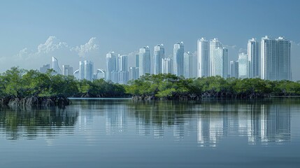 Mangroves in Persian Gulf, United Arab Emirates against backdrop of skyscrapers (white houses) of Abu Dhabi like snowy mountains. Successful case of combining natural and urban environment.