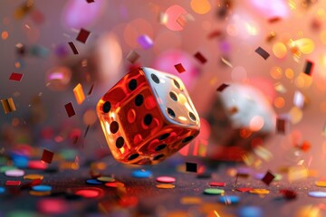 Red Dice With Confetti Falling