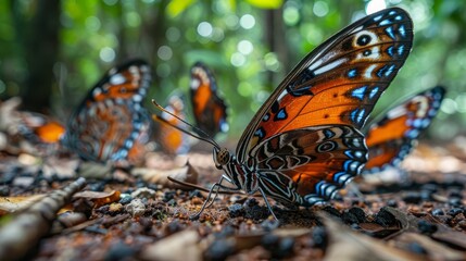 Obraz premium A group of butterflies are resting on the ground