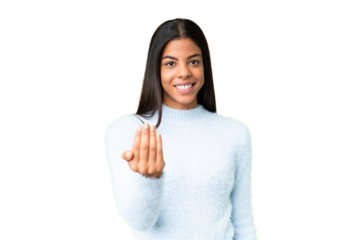 Young African American woman over isolated chroma key background inviting to come with hand. Happy that you came